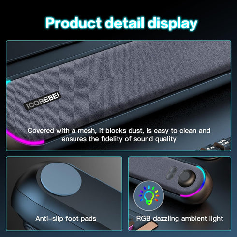 ICOREBEI Desktop computer speaker, soundbar, compatible with Mac, desktop, laptop, tablet, monitor, PC, and mobile