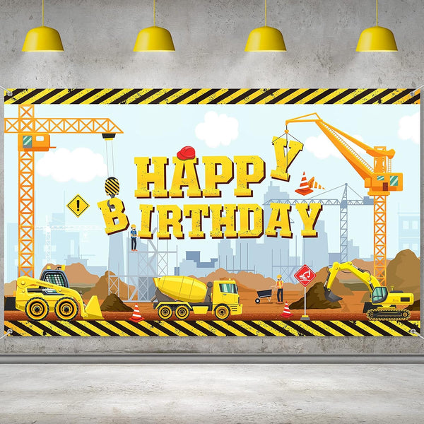 Irenare Happy Birthday Backdrop Dump Truck Excavator Crane Banner Photography Studio Props Cake Table Decorations