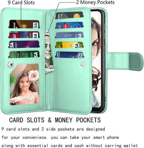 NJJEX Wallet Case for Samsung Galaxy A20 & A30, PU Leather ID Credit Holder Folio Flip with Lanyard, Mint.