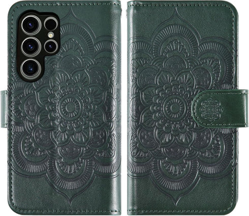 Asuwish Wallet Case for Samsung Galaxy S23 Ultra 5G - Dark Green, 6.8" with Tempered Glass Protector & Flip Card Holder.