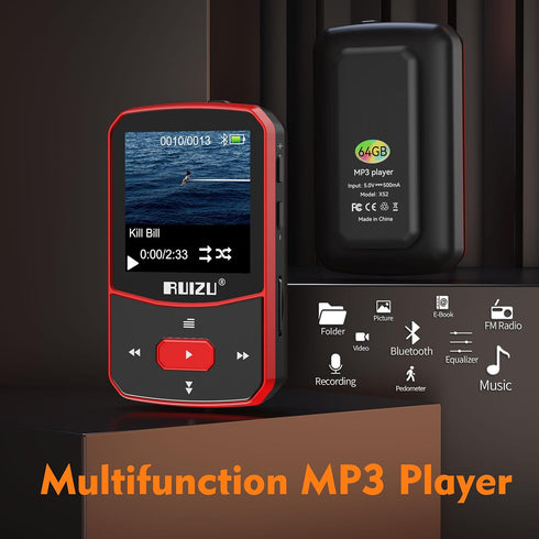 RUIZU 64GB Clip MP3 Player with Bluetooth 5.3, Portable Music Player with Voice Recorder, FM Radio, Red