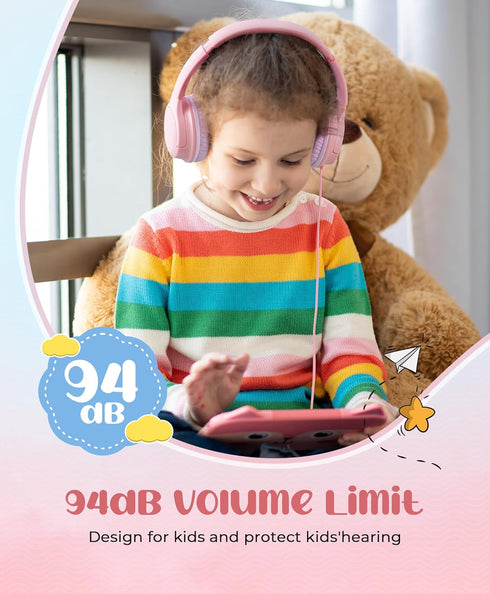 DyBaxa Kids Headphones, Wired Foldable On-Ear Headphones for Kids, Volume Limiter 94dB, Kid Headphones for School Classes Travel, 3.5mm Jack Kids Headset Compatible Smartphones Tablet, Pink