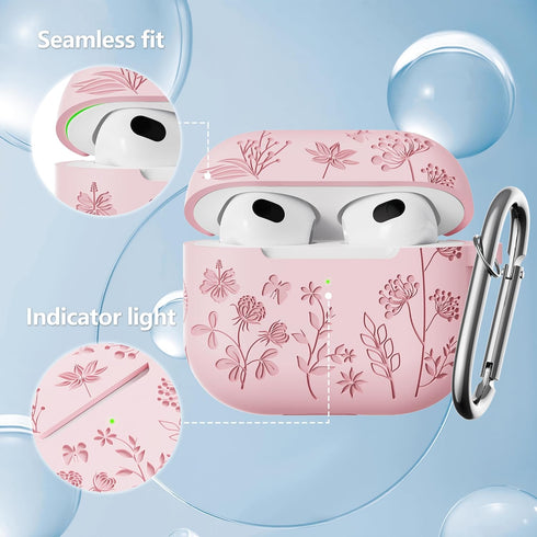 Flower Engraved Soft Silicone Case for Airpods 3rd Generation, Cute Case with Cleaner Kit & Keychain, Pink
