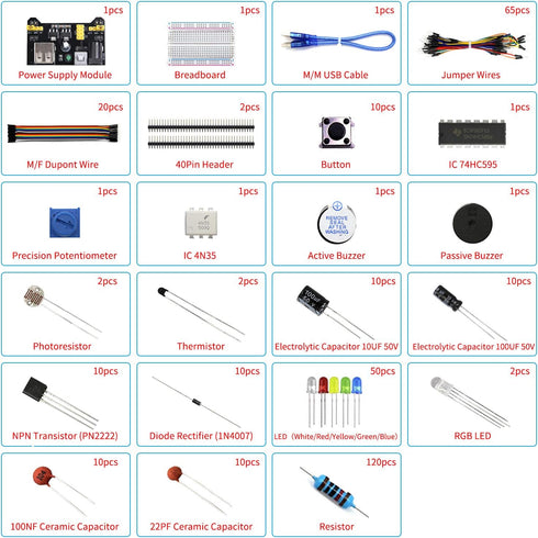 Electronics Basic Kit with Power Supply Module, Breadboard, Jumper Wire, LED, Resistor, 300+ pcs Sensors and Components
