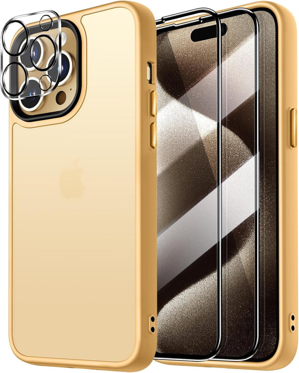 Dssairo iPhone 15 Pro Case: 5-in-1 with 2X Screen & Camera Lens Protectors, 15FT Military Grade, Matte Yellow.