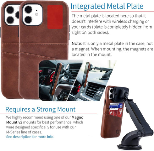 Dockem Wallet Case for iPhone 12 & 12 Pro, Built-in Metal Plate for Magnetic Mounting, 2 Credit Card Holders (Brown)