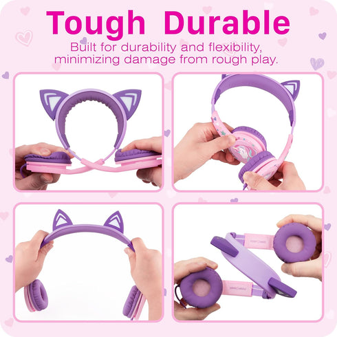 FosPower Kids Headphones with LED Light Up Cat Ears, 3.5mm On Ear Audio Headphones, Baby Pink/Lavender