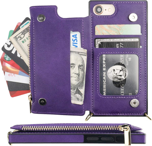 Bocasal Crossbody Wallet Case for iPhone SE 2022/SE 2020/7/8, Card Holder, Zipper Slot, Shockproof Purse Cover (Purple)