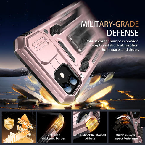 MERRO Military-Grade iPhone 11 Case with Screen Protector, Sliding Camera Cover, Magnetic Stand, 6.1" Rose Gold