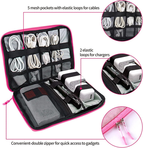 Cable Organizer Bag, Pink Travel Accessories Carry Case for Cable, Charger, Phone, USB, SD Card with Ties