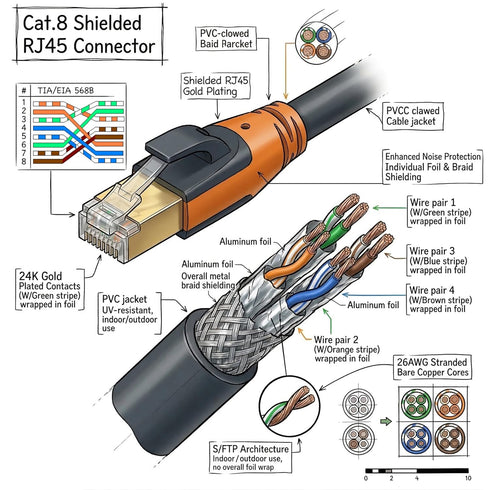 8 6ft, 40Gbps 2000MHz 26AWG Cat8 RJ45 PS5 Cat Ethernet Cable High Speed LAN Cables Shielded, Heavy Duty Outdoor Indoor