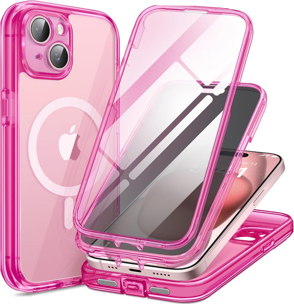 TIESZEN iPhone 15 Case - Fluorescent Pink, Dustproof, MagSafe Compatible, 9H Tempered Glass & Privacy Screen Protectors.