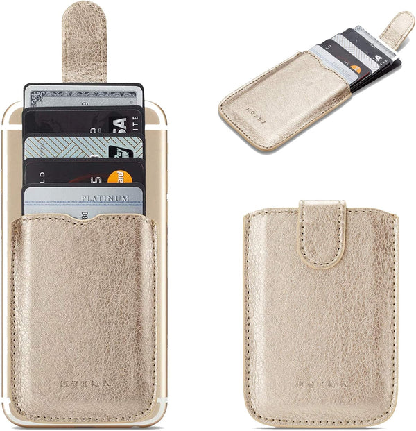 Phone Card Holder RFID Sleeve, PU Leather Back Stick-On Wallet for 5 Cards, Cash for iPhone/Android/Samsung (Gold)