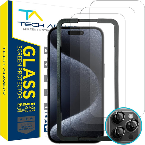 iPhone 15 Pro 6.1" Tech Armor Screen Protector - 9H Hardness, HD, Case Friendly, Ballistic Glass, 3 Pack + Bonus Lens