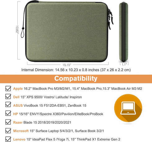 FINPAC Hard Laptop Sleeve Case for 15.3-inch MacBook Air M3 M2 2024, 16-inch MacBook Pro, Waterproof Olive
