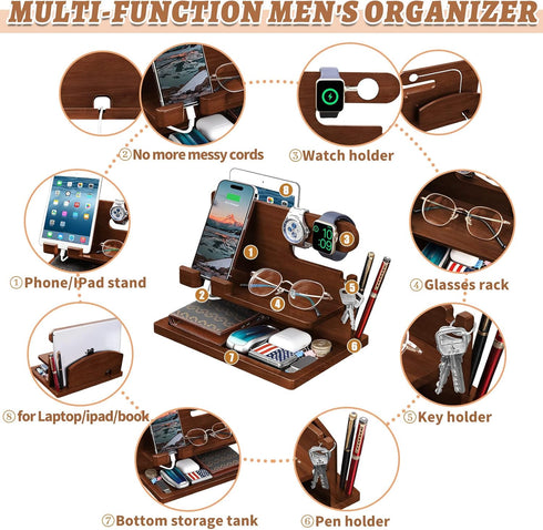 Wood Phone Docking Station, Nightstand Charging Organizer and Cell Phone Stand, Bedside Gift for Men