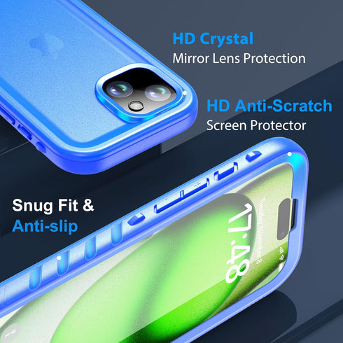 SPORTLINK Waterproof Case for iPhone 15 Plus, Built-in Screen Protector, IP68 Underwater, Shockproof, Blue