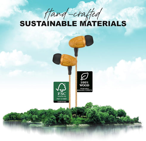 Earth-Budz Wood Earbuds, Hand-Crafted Bamboo with Microphone and Natural Hemp Cord, Lightweight