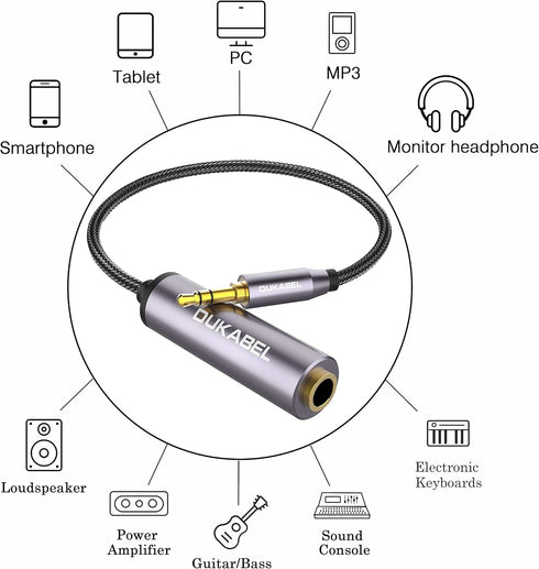 DUKABEL 1/4 to 3.5mm Adapter, Female to Male Headphone Adapter, 30CM/12 inch for Headphone, Guitar, Amp