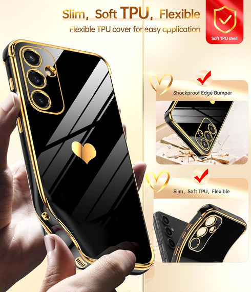 LeYi Galaxy S23 FE Case: Luxury Soft TPU, Tempered Glass Protector & Full Camera Lens Protection, Black, for Women.