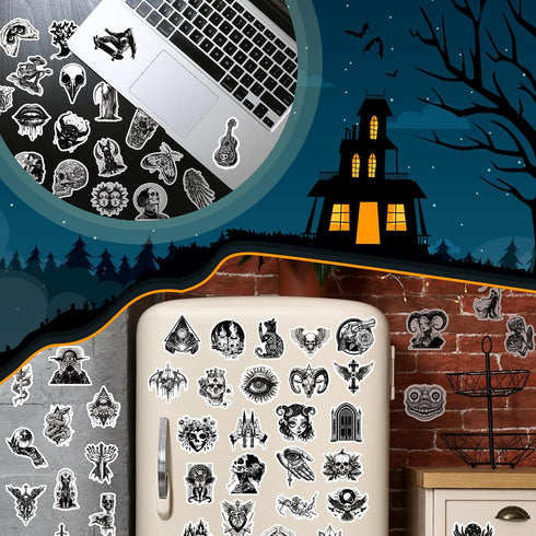 100PCS Waterproof Cool Gothic Stickers, Black and White Punk Vinyl Decals for Water Bottle, Phone Case, Laptop, Horror
