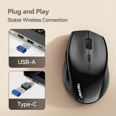 TECKNET Wireless Mouse Jiggler, USB-C Rechargeable, Silent Click, Ergonomic 6400 DPI Mouse
