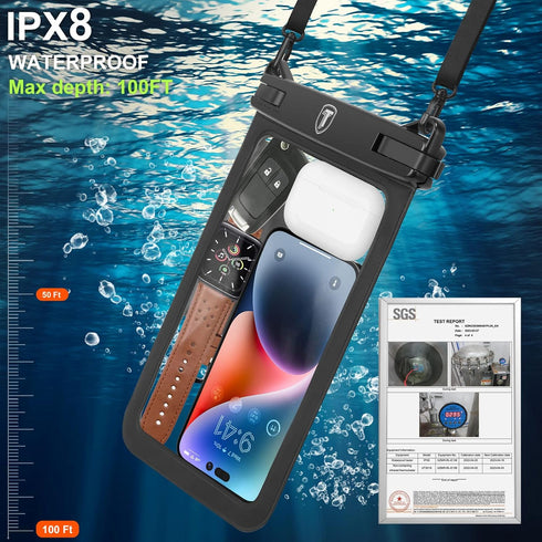 Tekcoo Large Capacity Waterproof Phone Case, IPX8 2-Pack Black Pouch for iPhone 15/14/13/12/11 Pro Max, Galaxy S24 Ultra