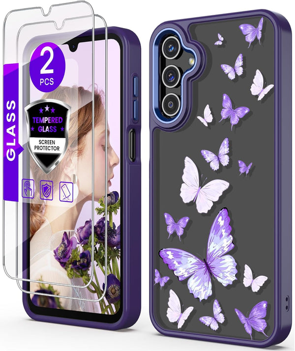 Shop Samsung A15 5G Case with Tempered Glass Protector, Military Grade Slim TPU & Hard PC, Purple Butterfly Design.