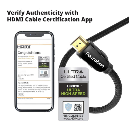 Pacroban eARC HDMI Cable 10FT – Premium Certified Ultra High Speed HDMI 2.1 Cord for Soundbars, 48Gbps