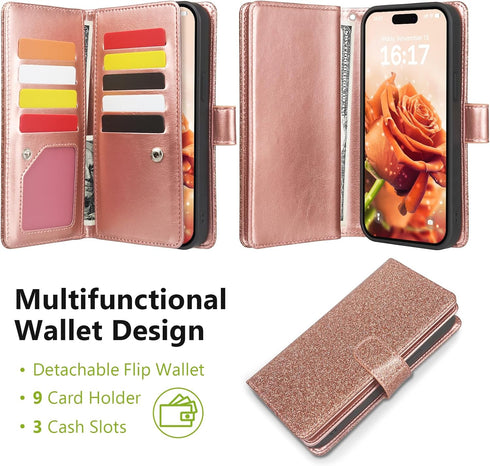 Varikke Detachable Wallet Case for iPhone 13 with 9-Card Holder for Women, Glitter PU Leather, Rose Gold