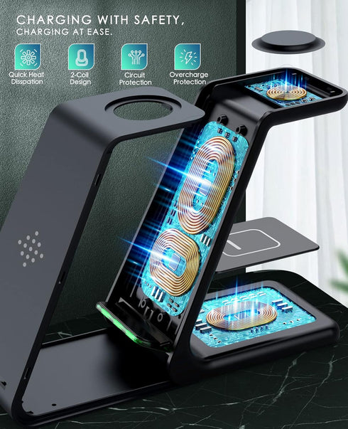 Wireless Charging Station, 3 in 1 Fast Desk Charger for iPhone 15/14/13/12/11 Pro Max, AirPods, iWatch Series