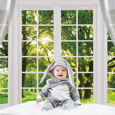 Allenjoy 7x5ft Spring Window Scenery Photography Backdrop - White Windowsill Floral Green Forest for Baby Photo Shoot