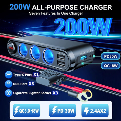 12V Car Cigarette Lighter Socket, 200W 3 Socket Plug Splitter, USB Charger Adapter, 12 Volt Power Outlet with Eyelet