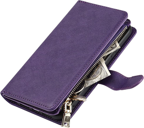 Jaorty Wallet Case for iPhone XR, 9 Card Slots, Wrist Strap, Zipper Cash Pocket, Magnetic Leather Cover, Purple