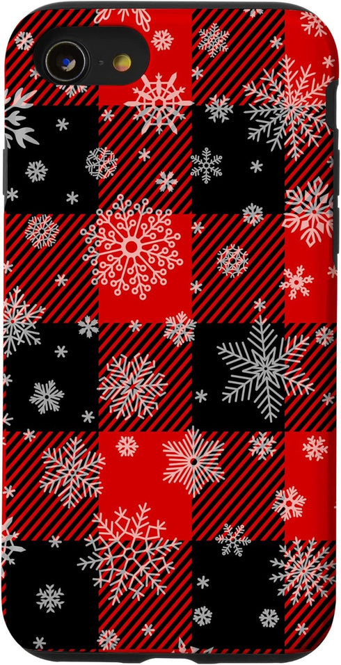 Snowflakes on Red Black Winter Christmas Plaid Buffalo Phone Case for iPhone SE (2020), 7, 8 - Festive Protection!