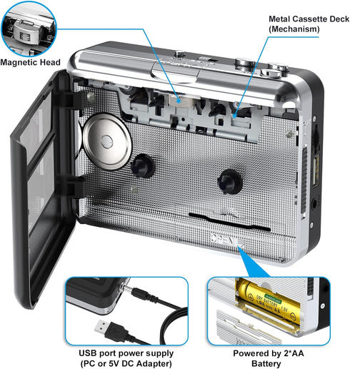 Cassette Cassette MP3 Cassette Portable Player, USB to Converter, Audio Music to Digital Converter with Headphones, No