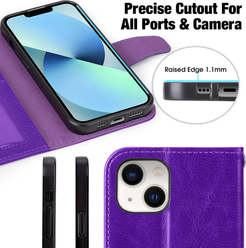 Arae Compatible with iPhone 13 Case with Card Holder and Wrist Strap Wallet Flip Cover for iPhone 13 6.1 inch, Purple