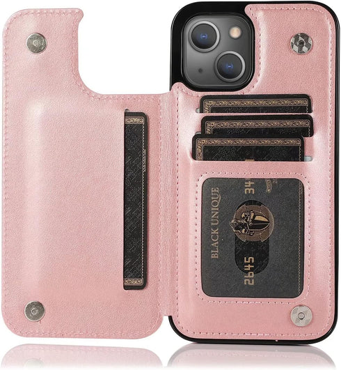 Asuwish Card Holder Wallet Cover Case for iPhone 15 6.1 inch, with Tempered Glass Screen Protector, Rose Gold