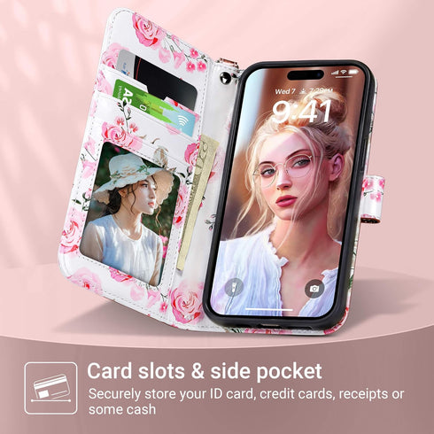 ULAK Compatible with iPhone 15 Pro, Wallet Case with Card Holder, Flower Flip Case for Women Girls, Rose Gold