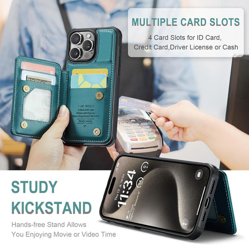 iPhone 15 Pro Wallet Case with Card Holder, RFID Blocking, Durable Kickstand Shockproof Phone Case for Women Men