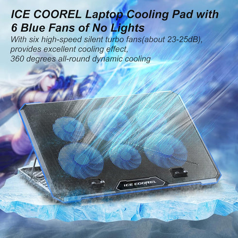 ICE COOREL Laptop Cooling Pad with 6 Fans - No Lights, Cooler for 15-17 Inches Laptops, Notebook Stand with 9 Height