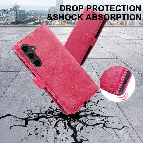 MONASAY Hot-Pink Wallet Case for Samsung Galaxy S24 5G, 6.2", RFID Blocking, with Lens & Glass Screen Protector, Credit