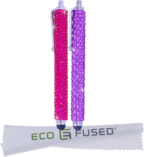 Eco-Fused Universal Bling Stylus Pens - 2 Long Gem Covered Stylus Pens Compatible with All Capacitive Touchscreen Devices (All iPhone, iPad, Android Phones and Tablets) / Microfiber Cleaning Cloth
