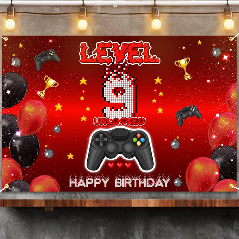 Level 9 Unlocked Backdrop Banner Decorations for Video Game Happy 9th Birthday for Boys Kids