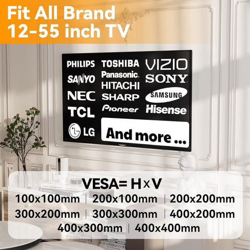 No Stud TV Wall Mount for 12-55 inch TVs, Holds up to 100 lbs, Easy Install, Studless Drywall Bracket