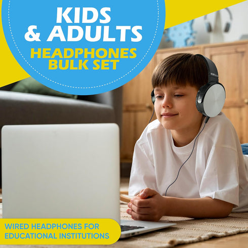 Wired On-Ear Leather Headphones, 3.5mm Connector, Round Metal Housing, Bulk Wholesale, Black Color, 5 Pack