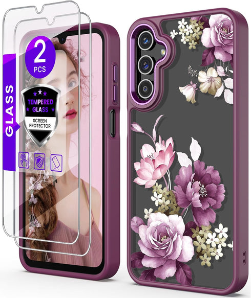 Samsung A15 5G Case with Tempered Glass Screen Protector, Purple Slim Soft TPU & Hard PC Military Grade Protective