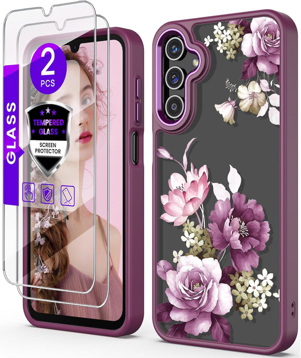 Samsung A15 5G Case with Tempered Glass Screen Protector, Purple Slim Soft TPU & Hard PC Military Grade Protective