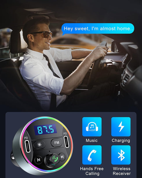 Dual PD 40W Type-C USB Car Charger, Bluetooth 5.3 FM Transmitter for Car with Microphone & HiFi Sound MP3 Music Player