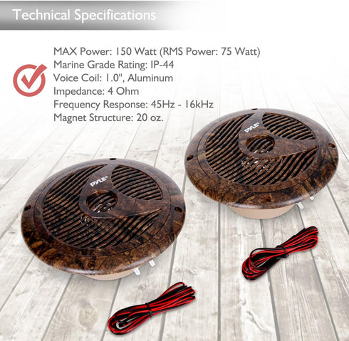 Pyle 6.5 Inch Marine Speakers - IP44 Waterproof Outdoor Audio Dual Stereo Sound System with 150 Watt Power